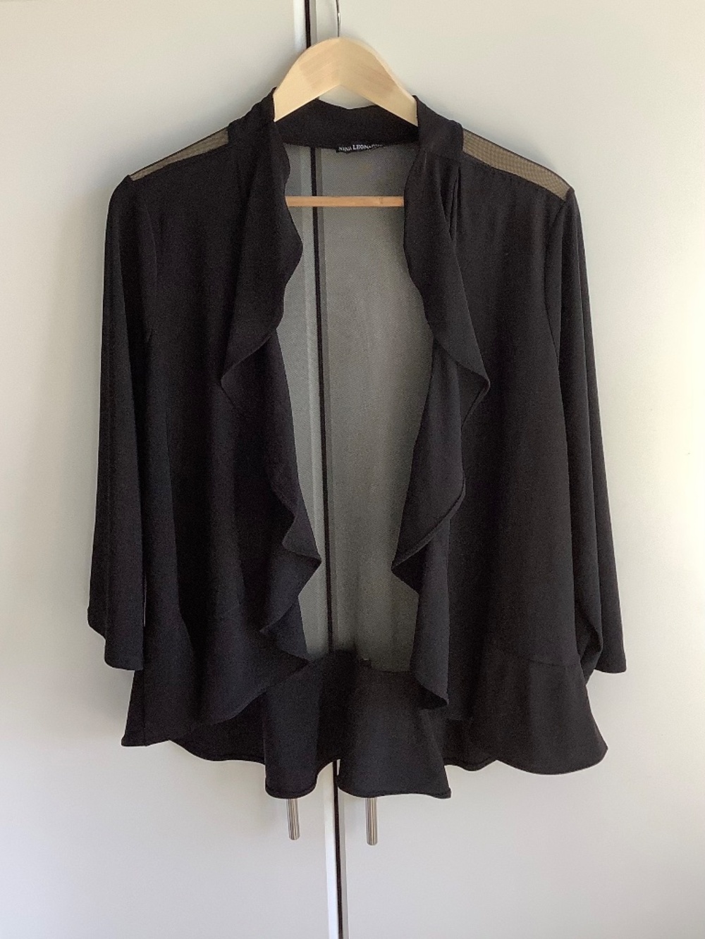 Nina Leonard Black Sheer Ruffle Open Front Cardigan – Size XL